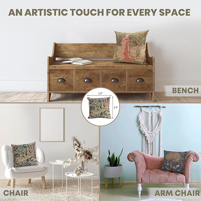 Charlotte Home Furnishings Decorative Tapestry Pillow Cover 14x14 in, Green Hares Couch Throw Pillow Cover, French Country Square Cushion Cases for Living Room Home Decor, Soft Cotton Jacquard Woven