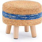 Handwoven Round Ottoman, Natural Water Hyacinth Outdoor Patio Pouf Seagrass Low Stool with Wood Legs, Soft Padded Footrest for Living Room Bedroom Garden, Blue