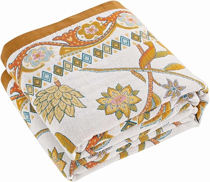 Fall Throw Blanket for Couch, Brown Boho Decorative Throw Blanket, 100% Cotton Muslin Breathable Woven Farmhouse Blankets Quilt, 60"x80" Reversible Lightweight Blankets Bohemian Throw Quilt