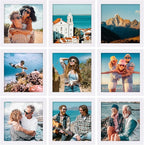 Vittanly 8x8 Picture Frames Set of 9, Shatter Resistant Plexiglass, Display 4x4 Pictures with Mat or 8x8 without Mat, Photo Frames for Wall Mount, Engineered Wood, White