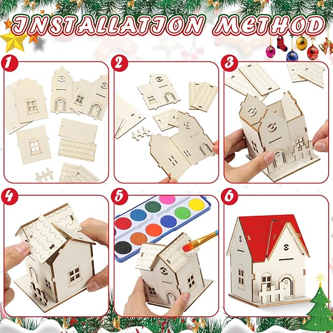 Hiboom 12 Pcs DIY Christmas Village Sets Wood Village Houses with Fence Christmas Mini Wooden House Gift for Winter Xmas Party Decorations