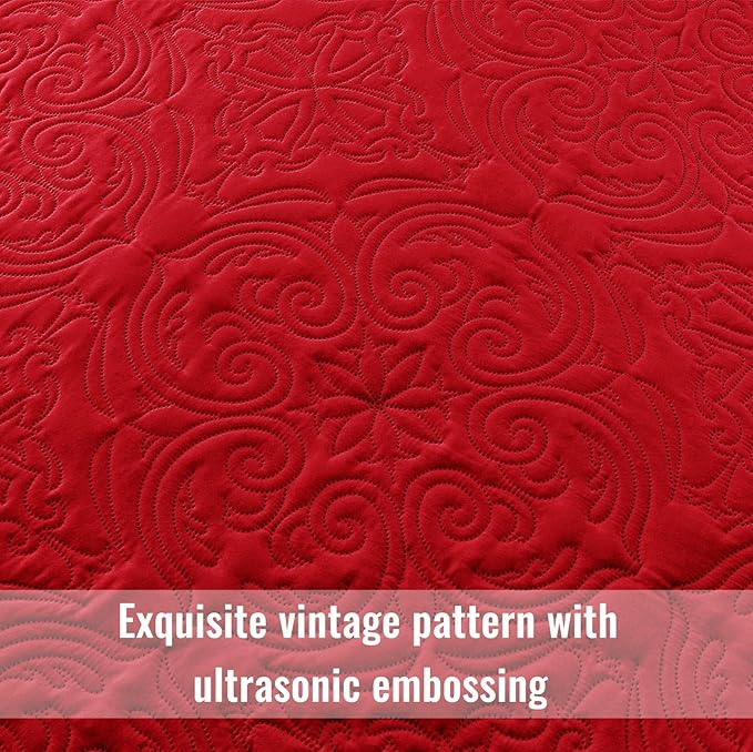 Exclusivo Mezcla Quilt Set Oversized King Size with 2 Pillow Shams, Lightweight Red Quilts with Vintage Damask Pattern, Soft Cal King Bedspreads Coverlets Bedding Set for All Seasons