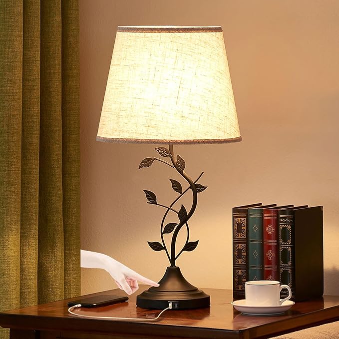 Kakanuo USB Touch Table Lamp Bedside Lamp with USB C Charging Ports for Living Room, Beige 3 Way Dimmable Traditional Nightstand Lamp Retro Table Lamp for Bedroom and Office (LED Bulb Included)