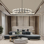 Modern 48 in Black Round Chandelier Light Fixture, Crystal Chandeliers for Dining Room, Living Room, Wagon Wheel Chandelier Over Table Chandeliers for Bedroom,Foyer,Includes 48xG4 Bulbs