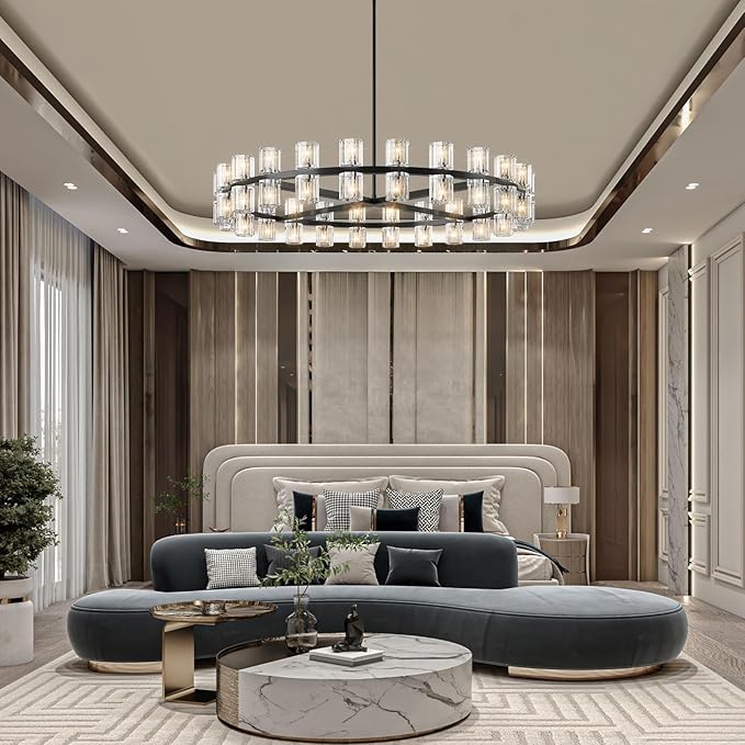 Modern 48 in Black Round Chandelier Light Fixture, Crystal Chandeliers for Dining Room, Living Room, Wagon Wheel Chandelier Over Table Chandeliers for Bedroom,Foyer,Includes 48xG4 Bulbs