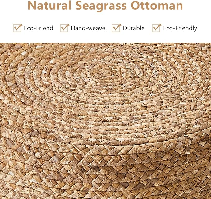 Wimarsbon Ottoman Natural Seagrass Foot Rest Stool Hand Weave Round Foot Stool Pouf Boho Vanity Stools with Non-Skid Mat for Living Room Bedroom Hallway