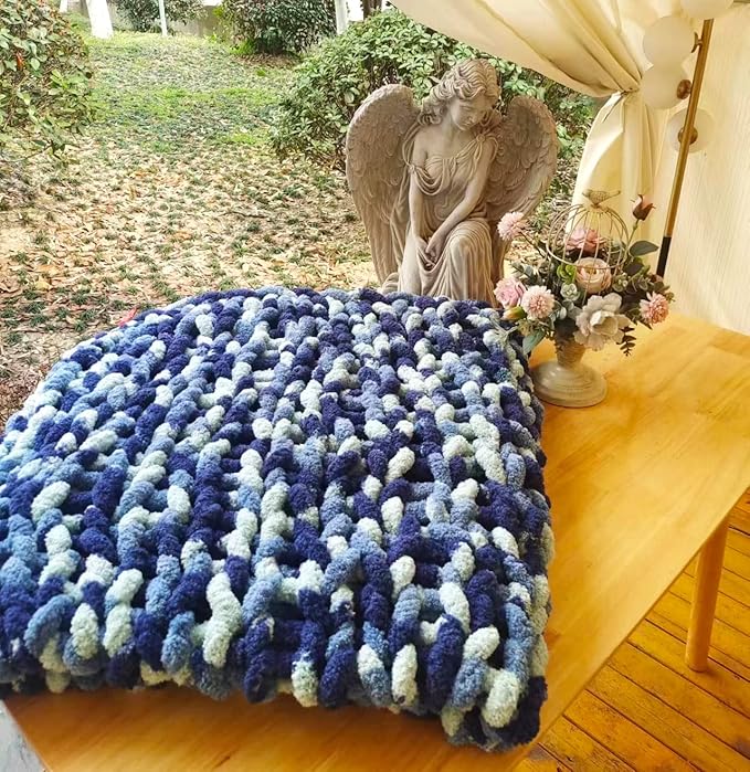 DDL&HEXI Chunky Chenille Blanket 100% Hand Knit with Jumbo Chenille Yarn (50"x60") Super Soft Large Throw Bed Blanket for Couch, Sofa, Home Decor - Machine Washable (03)