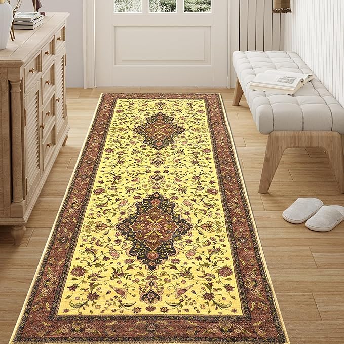 Topllen Runner Rug - 2'x5' Boho Washable Kitchen Rug, Non-Slip Soft Low Pile Rugs Indoor for Entrance Bedroom Bathroom Living Room,Vintage Throw Hallway Carpet Stain Resistance (Red, 2x5ft)