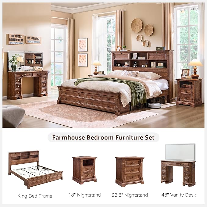 Farmhouse Nightstand with Charging Station, 18" End Table with 2 Drawers Storage and 1 Storage Shelf, Wooden Sofa Table w/Roman Column, , Bedside Cabinet for Bedroom, Living Room, Reclaimed Barnwood