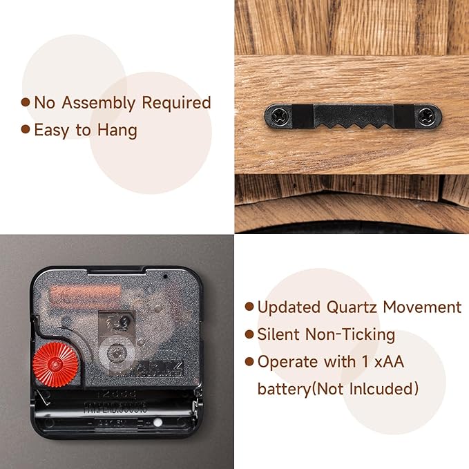 Honiway 16 Inch Wall Clocks, Rustic Wood Boho Sunburst Decorative Wall Clock Battery Operated Silent Non Ticking Farmhouse Large Wall Clocks for Living Room Kitchen Bedroom Home Decor (Rustic Brown)