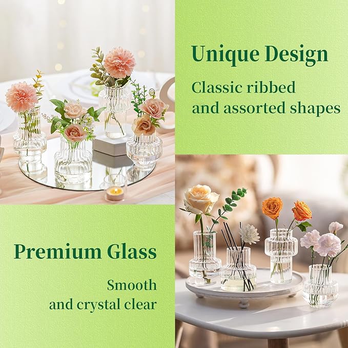 Hewory Ribbed Bud Vases for Centerpieces: Set of 16 Small Clear Glass Vase for Bridal Baby Shower Home Decor - Modern Table Decoration for Wedding & Event Planners