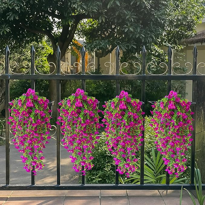 Artificial Hanging Flowers – 4 Pack UV Resistant Fake Morning Glory Vine Faux Plants for Porch, Patio, Balcony, Garden, Indoor & Outdoor Decor (Hot Pink)