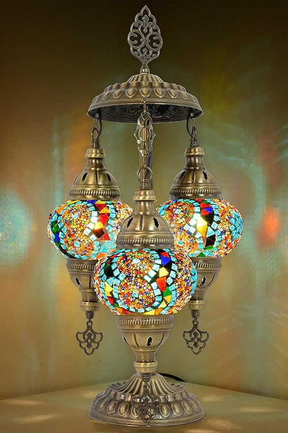 Mozaist Turkish Mosaic Lamp with Bulb – 3 Globe Tiffany-Style Moroccan Table Light (Multi-Colored)