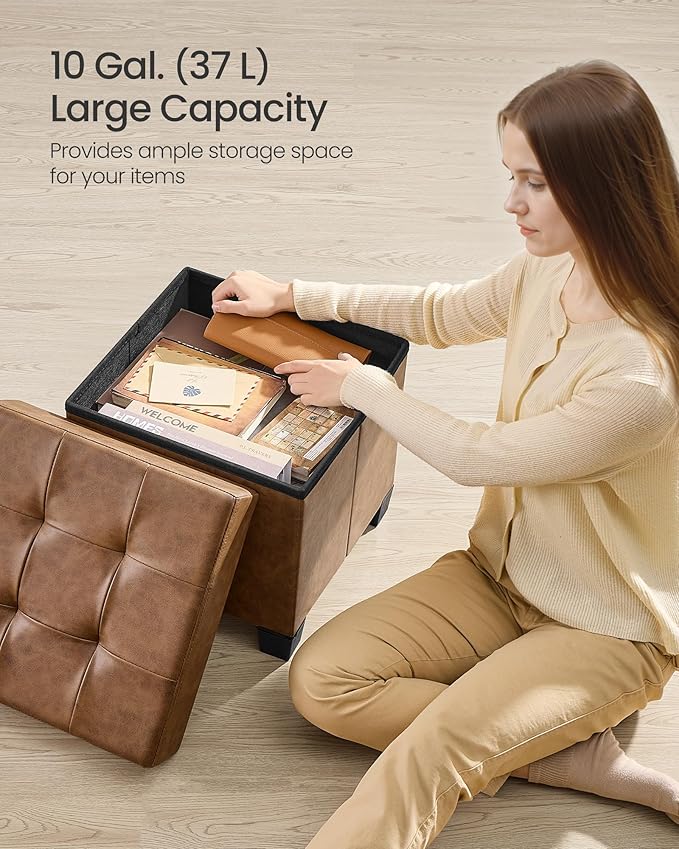 SONGMICS Storage Ottoman, Cube Ottoman with Legs, 15 x 15 x 15.7 Inches, Footstool, Footrest, 10 Gal. (37 L), Synthetic Leather, for Bedroom, Living Room, Dorm, Coffee Brown ULSF0512K03