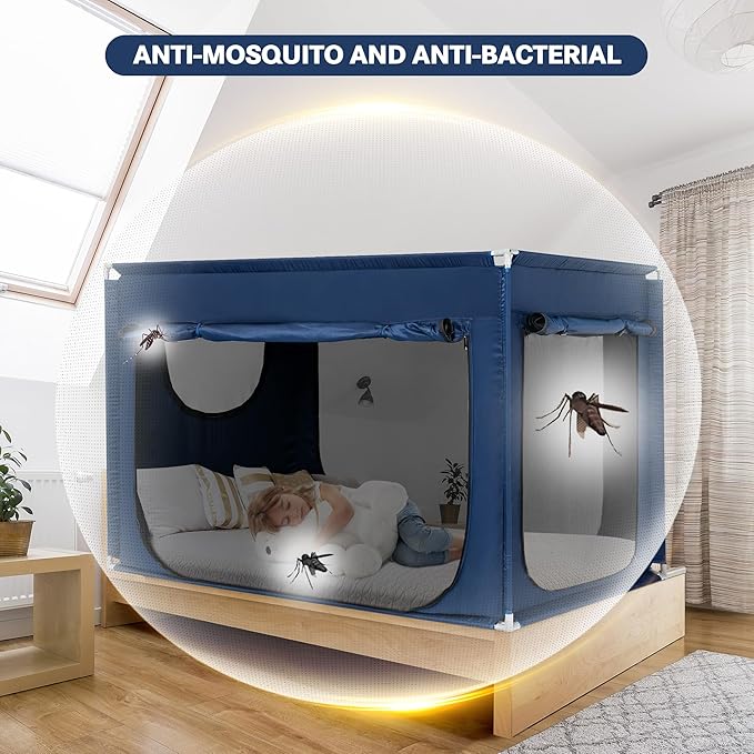 Bed Canopy Portable Blackout Bed Tent Privacy Tent for Adult Indoor Sleeping with 3 Doors, Storage Bag