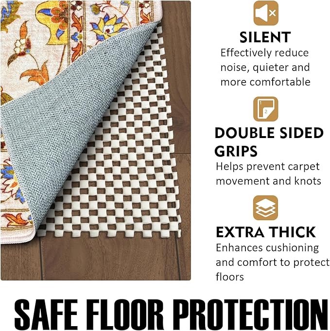 Non Slip Rug Pad Rug Gripper for Hardwood Floors, 4x6Ft Anti Skid Mat for Under Area Rugs, Thick Cushioned Carpet Pad for Floor Protection