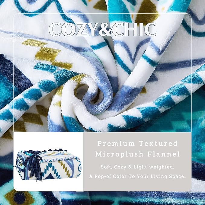 CASAAGUSTO Boho Throw Blanket - Blue and White Decorative Blankets with Tassel, Printed Flannel Bohemian Blanket for Chair, Bed, Sofa, Couch(50 * 60, Blue and White)