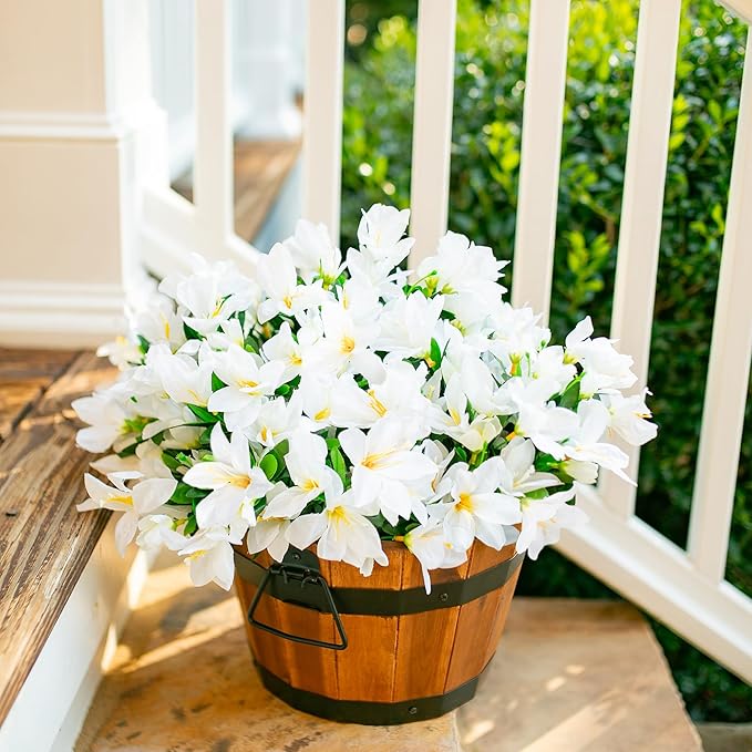 Artificial Flowers for Outdoors, 3 Bundles Fake Silk Azalea Bouquet Faux Flower Plants Outside Decoration UV Resistant Realistic Fake Flowers for Planter Front Door Patio Garden Walkways Home, White