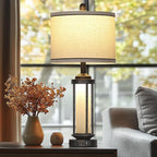 27" Industrial Farmhouse Table Lamp, Vintage Rustic Beside Lamp with USB A+C Charging Ports & AC Outlet, Modern Single Table Lamp with Frosted Glass Night Light for Bedrooms Nightstand Bronze