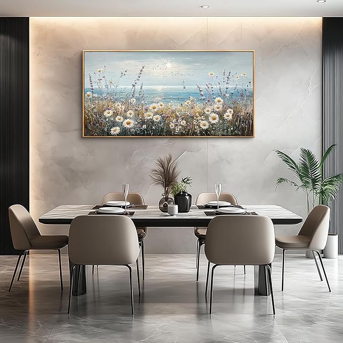 PHAOHUAXM Large Canvas Wall Decoration For Living Room Wall Art For Bedroom Office Decorations Blue Ocean Paintings Flowers Watercolour Wall Pictures Canvas Artworks Home Decor Wood Framed 24x48 In