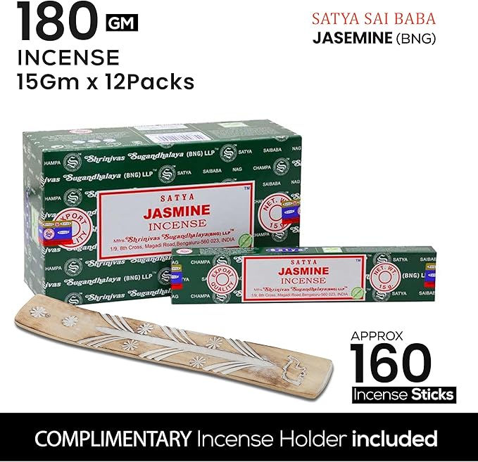 Satya Jasmine & Nagchampa Incense Sticks - 15gmx12 Pack with Raajsee Incense Holder