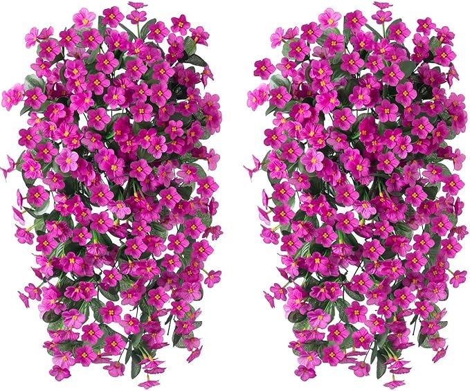 Artificial Fall Fake Hanging Flowers Plants for Outdoor Outside, 2 PCS Faux Silk Daisy Mums Fuchsia Orchid Long Vines UV Resistant Look Real for Home Porch Patio Window Planter Decoration