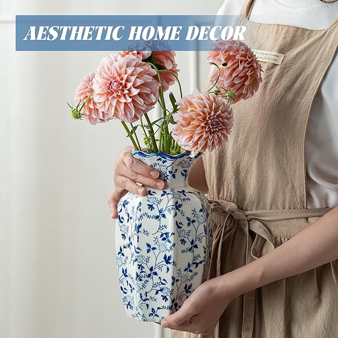 Blue and White Ceramic Vase, 9.5 Inch Vintage Chinoiserie Flower Vase Decorative Antique Vases for Home Decor, Rustic Porcelain Vase Farmhouse Shelf Table Centerpieces Decor