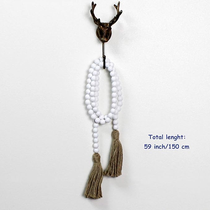 CVHOMEDECO. Wood Beads Garland with Tassels Farmhouse Rustic Wooden Prayer Bead String Wall Hanging Accent for Home Festival Decor. White