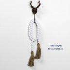 CVHOMEDECO. Wood Beads Garland with Tassels Farmhouse Rustic Wooden Prayer Bead String Wall Hanging Accent for Home Festival Decor. White