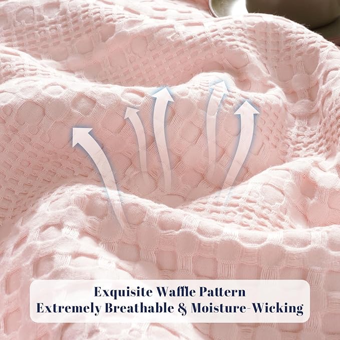 PHF Cooling Waffle Blanket Queen Size, Lightweight 60% Rayon Derived from Bamboo & 40% Cotton Breathable Blanket for Hot Sleepers, Soft and Luxury for Bed Couch and Sofa, 90"x90", Pink