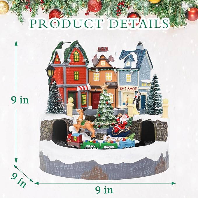 Bdor Christmas Village House with Rotating Train – Lighted Musical Xmas Tabletop Decoration with Santa Sleigh & LED Lights – Electric or Battery Operated Christmas Scene Décor, 9"x9"x9"