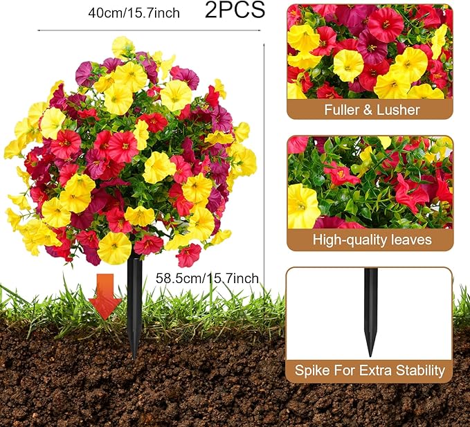 2 Bundles Artificial Flowers for Outdoors with Ground Spikes,21.65 Inch Morning Glory Eucalyptus Topiary Ball Trees, UV Resistant Faux Shrubs Fake Plants for Porch Outdoor Garden Decor (Muti-Color)