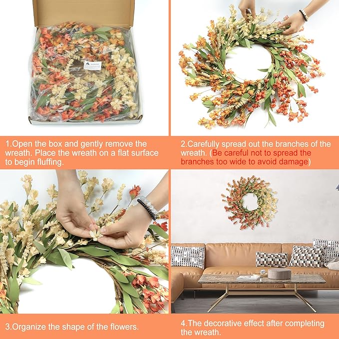 Artgar Fall Wreath, Fall Wreaths for Front Door, 24 in Fall Decor Floral Wreath, Door Wreaths for Front Door Outside All Season for Thanksgiving Home Indoor Outdoor Wall Decor (White&Orange)