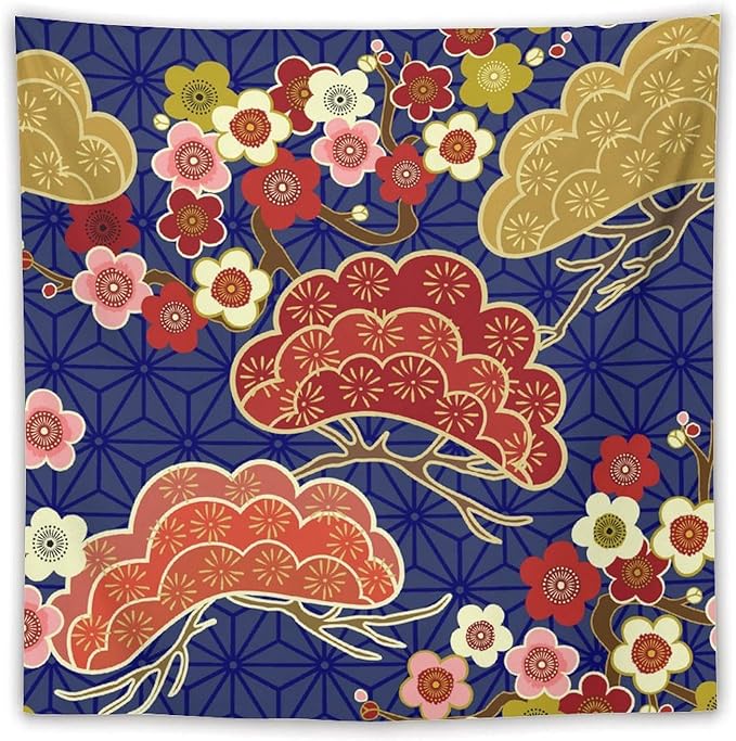 HZOHNAGO Japanese Tapestry Art Abstract Colorful Cherry Blossom Blue Background Pattern Printed Wall Tapestry Painting Wall Hanging for Bedroom Living Room Dorm 60" W x 60" H