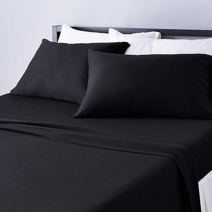 Amazon Basics 4 Piece Bed Sheet Set, 100% Cotton Jersey, Includes Super Soft, Flat and Fitted Sheets, Pillowcase, Queen, Black, Solid