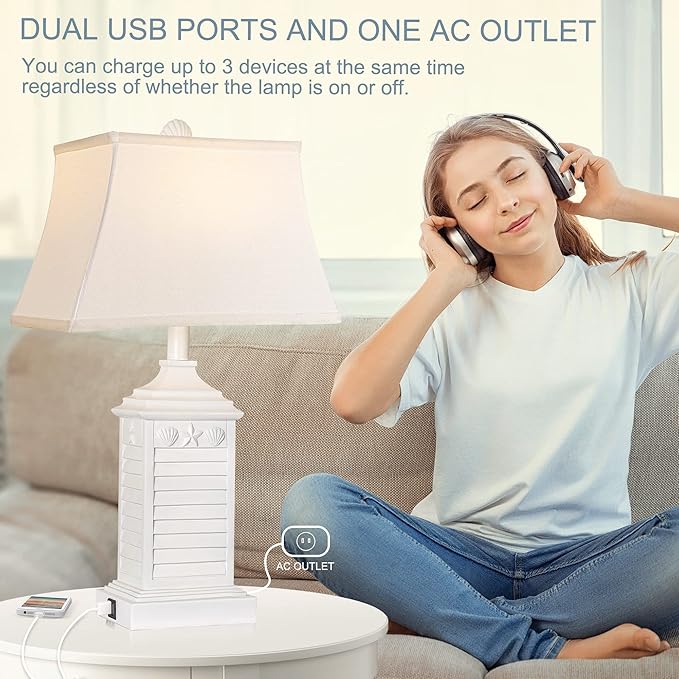 Table Lamps for Living Room Set of 2, Coastal White Bedside Lamps for Bedroom with USB A+C Outlet Modern Resin 3-Color Temperature Nightstand Lamp for End Table (Bulbs Included)