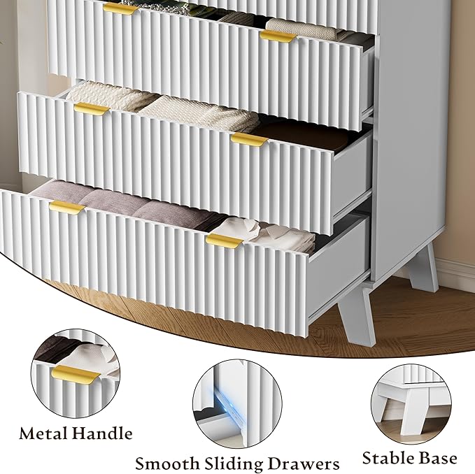 46" Tall Dresser for Bedroom, 6-Drawer Fluted Chest of Drawers, Modern Wood Highboy with Deep Storage, Metal Slides and Handles, Anti-Tip Kit, Vertical Clothes Organizer for Apartment, Nursery