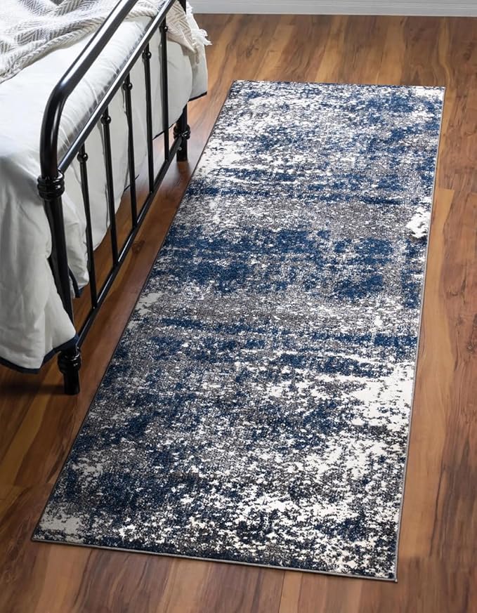 Keen Home Design Area Runner Rugs - 2x10 Non-Shedding, Abstract Runner for Kitchen, Living Room, Bedroom, Dining Room, Entryway - Size: 2'8" x 9'11", Navy/Grey/White