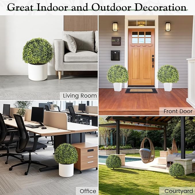 Lewondr Artificial Boxwood Topiary Ball Trees, 22.83'' Fake Plants Outdoor with Ground Spike, Set of 2 UV and Fade Resistant Faux Greenery Shrubs for Outdoor Indoor Front Porch Garden, Green