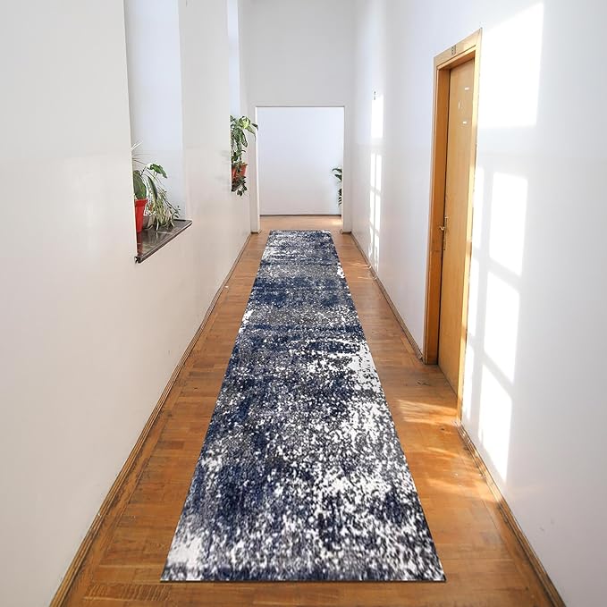 Keen Home Design Area Rugs - 2x20 Non-Shedding, Abstract Rugs for Kitchen, Living Room, Bedroom, Dining Room, Entryway - Size: 2'8" x 20', Navy/Grey/White
