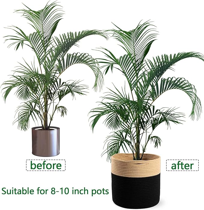 Woven Cotton Rope Plant Basket for 10" Flower Pot Floor Indoor Planters Flower Pot, Home Decor Storage Organizer H11 x W11 Black&Brown