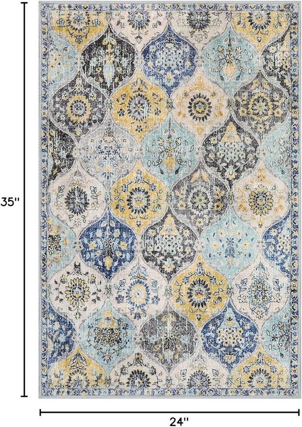 Lahome Moroccan Trellis Kitchen Rugs Non Slip Washable, 2x3 Rugs for Entryway Bathroom, Non-Slip Indoor Door Mat Ultra-Thin, Small Oriental Throw Carpet for Bedroom Entry, Yellow/Aqua