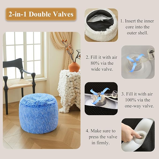XeGe Fluffy Faux Fur Inflatable Pouf Ottoman, Soft Shaggy Fuzzy Foot Stool, Plush Furry Foot Rest Floor Pouf Anti-Slip, Foldable Round Ottoman Cushion Living Room Bedroom Home Decor, Ombre Blue