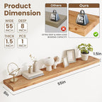 Floating Shelves, 8" Deep Rustic Solid Elm Wood Wall Mounted Floating Shelves, Wall Shelves with Invisible Bracket for Living Room Bathroom Bedroom Kitchen, 55 Inch, Natural