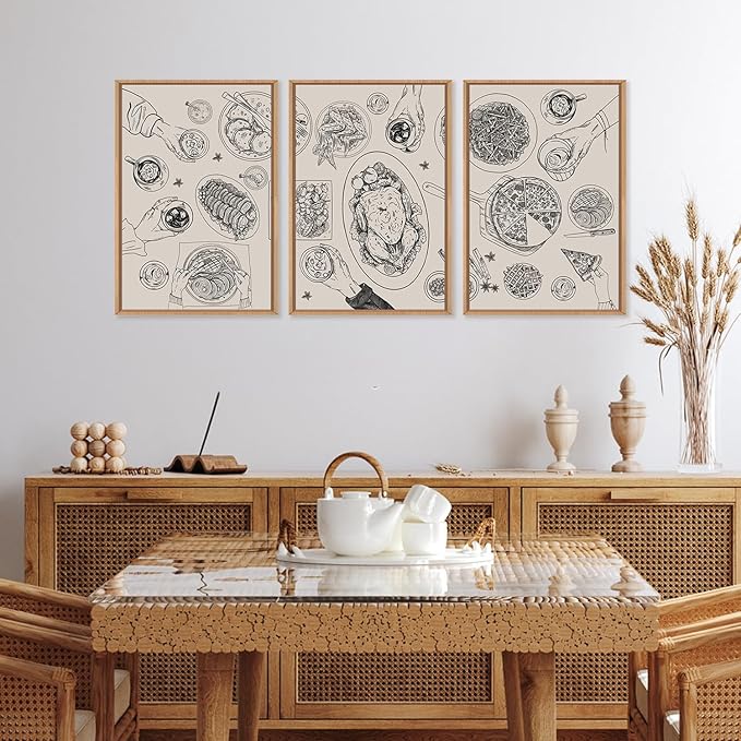 HPINUB Vintage Food and Drink Framed Canvas Wall Art Set,Sketch Pizza Cheers Wall Decor,Thanksgiving Dinner Turkey Artwork,Black and white Art Prints for Kitchen,Dining Room,Gatherings Decor-16"x24"x3