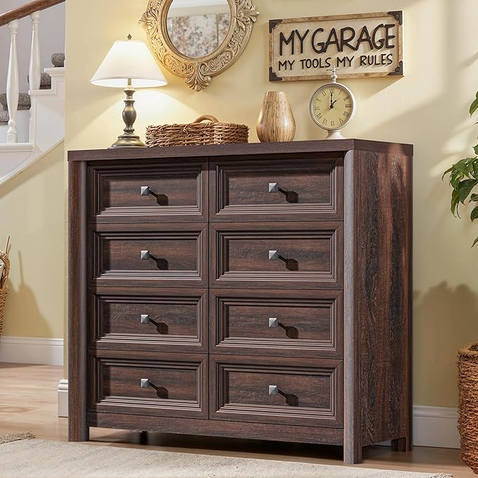Farmhouse 8 Drawer Dresser for Bedroom, 41" Tall Wood Chest of Drawers, 43.3" Wide Dresser TV Stand, Storage Closet Drawer Organizer for Bedroom, Walnut