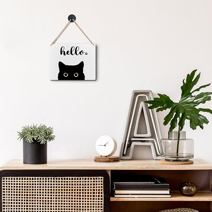 Lacosu Wall Pediments Cat Welcome Sign,Hello Sign,Cat Hanging Welcome Sign for Front Door,Cat Decor,Cat Gifts,Cat Gifts for Cat Owners,10x8 Inches