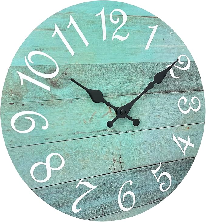 Plumeet Small Wall Clock, 10'' Frameless Wooden Wall Clocks with Silent Quartz Movement, Rustic Coastal Country Village Clocks Decorative for Kitchen Bedroom Living Room, Green