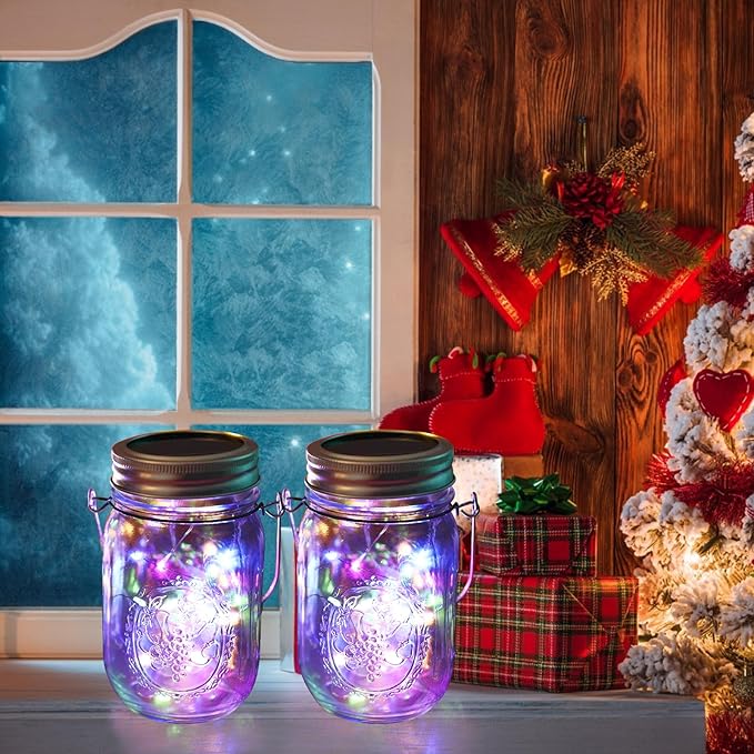 Solar Mason Jar Lights [Upgraded], 12 Pack 30 LED Firefly Fairy String Lights, Waterproof Outdoor Solar Mason Jar Lid Lights with Hangers(NO JARS) for Patio Garden Yard Wedding Decoration - Multicolor