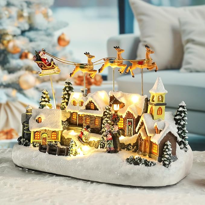 taman Christmas Village Collectible Buildings - Santa Claus Riding Sleigh with 3-Elk Warm Light Christmas Ornaments for Holiday Decorations